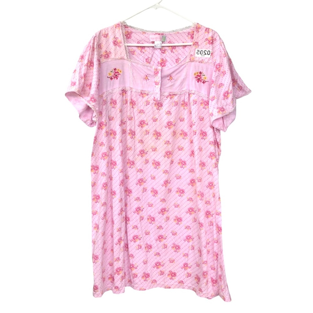 (0205) Moon Dance Pink Floral Embroidery Detail House Dress Nightgown